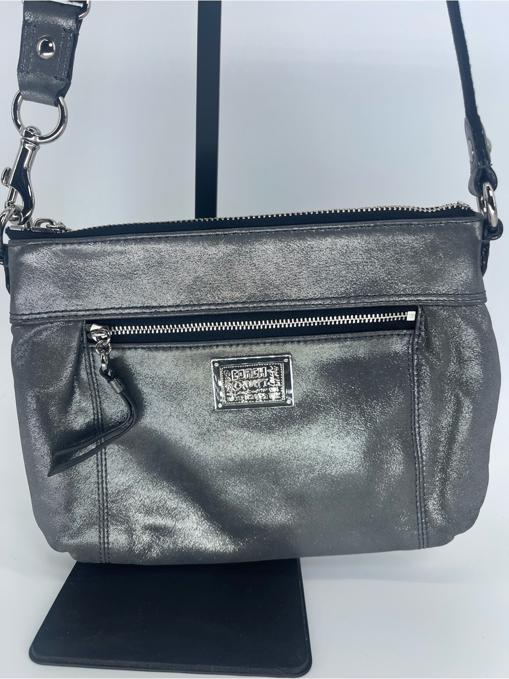 Coach Metallic Silver Crossbody with Black Adjustable Strap